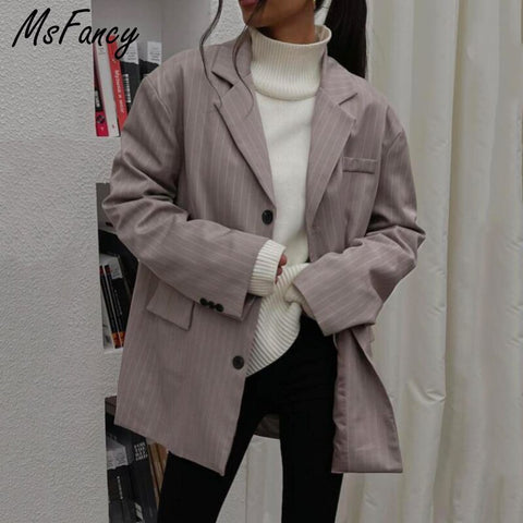 Msfancy Gray Striped Blazer Women 2022 Vintage Oversized Tailleur Femme Chic Spring Black Single Breasted Loose Jacket
