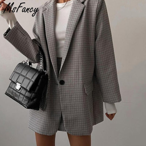 Msfancy Plaid Suit Women 2023 Vintage Blazer Skirt Set Mujer Spring Casual Tailleur Femme Mini Skirt 2 Piece Set