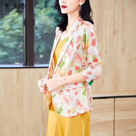 Mulberry  Silk Suit Women Tops  Summer Spring West Suit OL Causal Loose     Blouse Coat  Cardigan