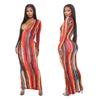 Multicolor Tie Dyeing Print Striped Dress  Sexy Women Long Sleeve Deep V-neck Fall Autumn Bodycon Long Maxi Dress