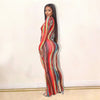 Multicolor Tie Dyeing Print Striped Dress  Sexy Women Long Sleeve Deep V-neck Fall Autumn Bodycon Long Maxi Dress