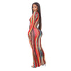 Multicolor Tie Dyeing Print Striped Dress  Sexy Women Long Sleeve Deep V-neck Fall Autumn Bodycon Long Maxi Dress
