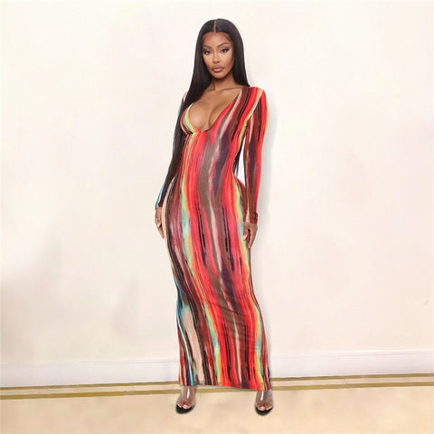 Multicolor Tie Dyeing Print Striped Dress  Sexy Women Long Sleeve Deep V-neck Fall Autumn Bodycon Long Maxi Dress