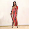 Multicolor Tie Dyeing Print Striped Dress  Sexy Women Long Sleeve Deep V-neck Fall Autumn Bodycon Long Maxi Dress