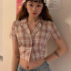 Musim Panas Plaid Pada Kerah Kemeja Wanita Kasual Lengan Pendek Blus Wanita Pendek Terkena Pusar Atasan
