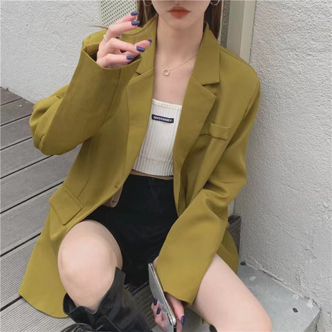 Mustard Green Blazer Korean Version Of Retro Spring And Autumn Clothing 2023 Drape Casual Long-sleeved Suit Top Women