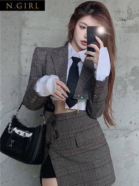 N GIRLS Women Blazer Jacket Skirt Set Suit 2 Pieces Crop Top Plaid  Chic Women  Office Lady Spring Autumn Female Suits