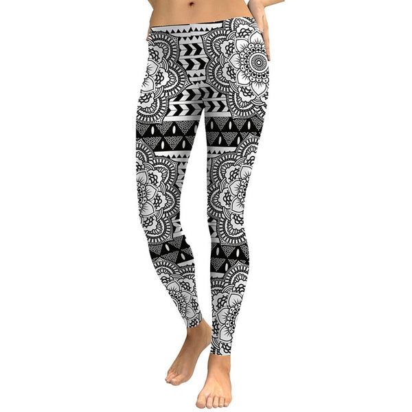 Autumn Women Leggings Lotus Mandala Flower Digigal Print Leggins Workout Black White Mujer Plus Size Pants