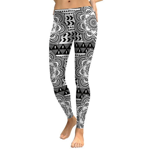 Autumn Women Leggings Lotus Mandala Flower Digigal Print Leggins Workout Black White Mujer Plus Size Pants