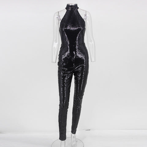 2022 Black Sequin Jumpsuits Sexy Women Summer Halter Backless Celebrity Party Jumpsuits Hip Zipper Pencil Rompers
