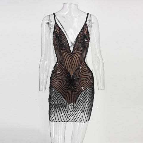 Sequined Summer Dress Female V Neck Backless Empire Hollow Out Mini Dresses Bodycon Club Sexy Dress Vestidos