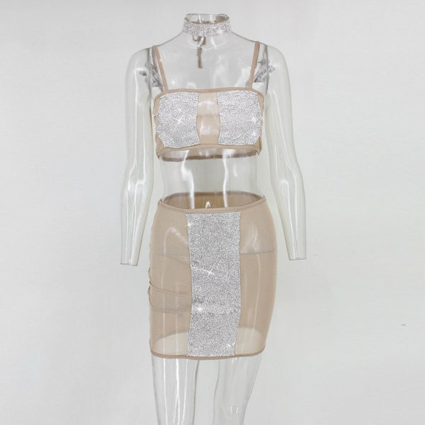 Crystal mesh patchwork Dress Women Spaghetti Strap Slash Neck Backless Bodycon sequin Mini Dresses Club Party Vestidos