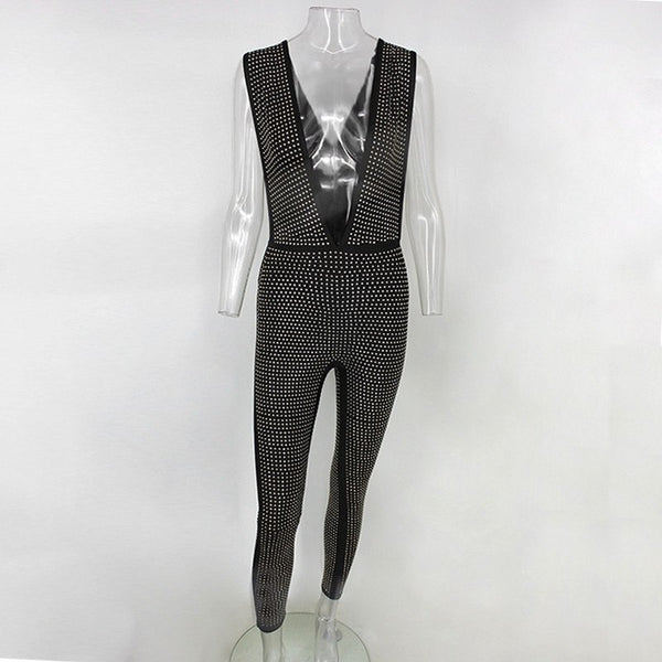 Sexy Deep V Neck rivet Overalls women Sleeveless Long Bodycon Bodysuit Sexy Club Jumpsuit Autumn Rivet Rompers 2022