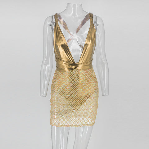 Sexy Hot Mesh Sleeveless Sequin Dress Women Deep V Neck Bodycon Club Wear Night Out Glitter Dresses For Party Vestidos