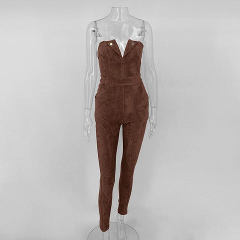 Strapless leather suede jumpsuit romper Women slim brown winter long playsuit Elegant autumn female overalls wholesale