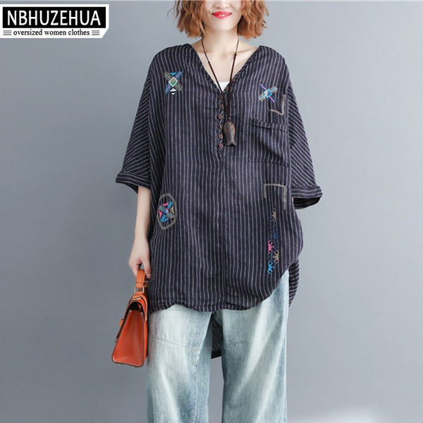 Women Blouse Shirts Plus Size Embroidery V Neck Cotton Linen Blouse Large Size Female Vintage Striped Tops 5XL