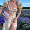 NCLAGEN Women Clothing Summer Sexy  Bubble Sleeve Floral Lace-up High Split Long Dress Vestdio Vintage Korean Elegant