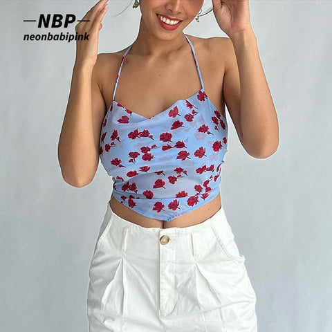 NEONBABIPINK Floral Print Blue Chiffon Crop Top Sexy Cute Camisole Summer Clothes for Women Open Back Halter Tops N76-BB10