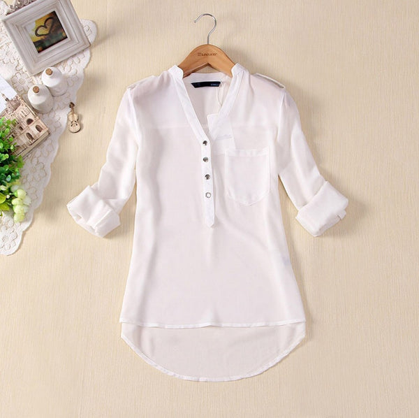 Chiffon Shirts Womens Tops Long Sleeve Solid Elegant Work Shirts V Neck Blouses Female Clothing Chemise Casual Blusa