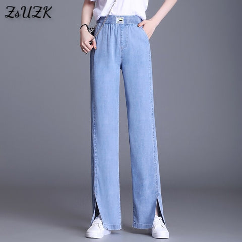 Summer Elastic Waist  Casual Thin Style Women Jeans  Wide Leg  Straight Pant For Women