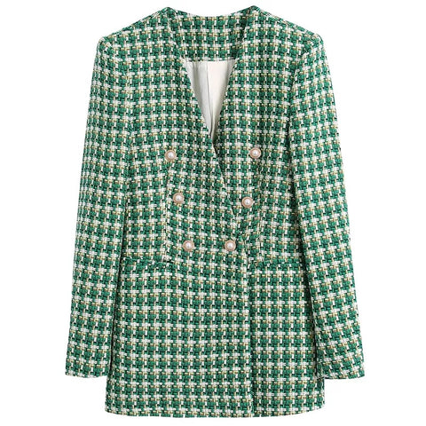 NEW2023 2023   Woman Casual Traf Coats Autumn Winter Thick Green Tweed Woolen Blazers V Neck Ornate Buttons Female Jacket