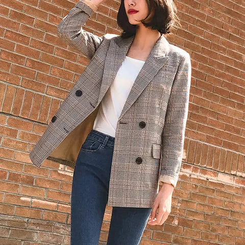 NEW2023 Notched Bouble Breasted Plaid Women Blazer Thicken Autumn Winter Jackets Female Retro Suits Coat 2023 Work
