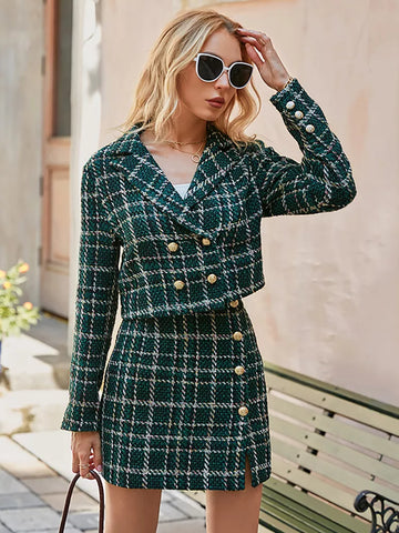 NEW2023 Office plaid women blazer coat green Elegant high waist split female mini skirt lapel long sleeve button blazers