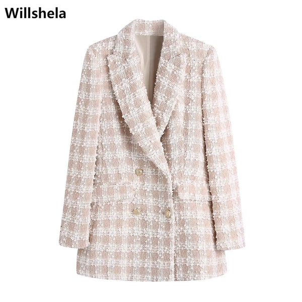 NEW2023 Women Tweed Blazer Long Sleeves Double breasted Elegant Office Lady Suit Casual Woman Blazer Suit veste femme