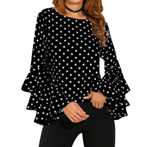 Elegant Dot Print Flare Sleeve Women Blusa O-neck Long Sleeve Chiffon Shirts Ladies Tops Korean White Black Blouse Tee