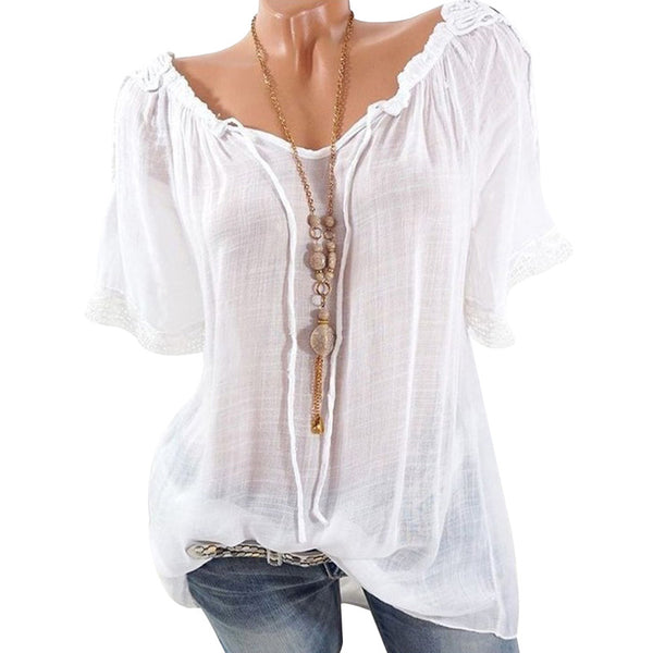 Elegant Off Shoulder Chiffon Shirt Women Summer Plus Size Blouse Shirt 2022 Lace Short Sleeve Ladies Loose Blusas Mujer