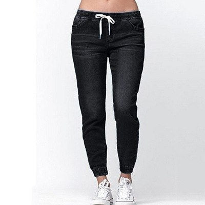 Spring Washed Jeans Women Solid Drawstring Straight Jeans Pants Femme Summer Fashion Vintage Slim Feet Denim Pants