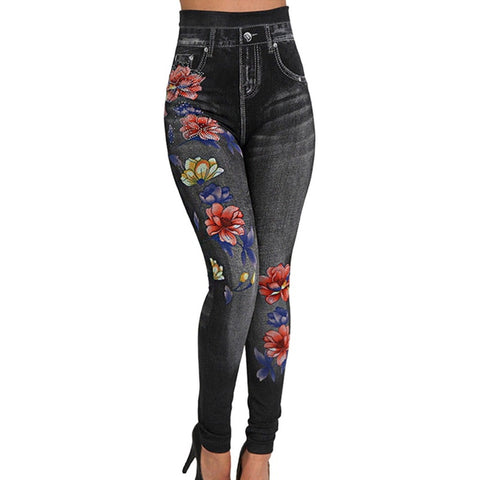 Women Floral Denim Jeans Leggings Women 2022 Fashion Rose Print Pencil Pants Plus Size Casual High Waist Leggings