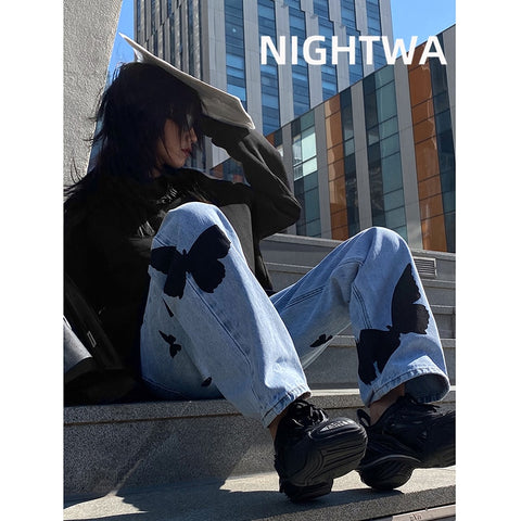 NIGHTWA Summer Vintage Jeans Woman Long Trousers Cowboy Female Loose Streetwear Butterfly Print High street Harajuku Jeans