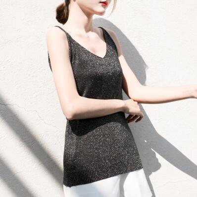 Sexy Knitted Tank Tops Vest 2022 Sequined V Neck Tank Tops Sleeveless Tshirt Women Solid Camis Fitness Dropshipping