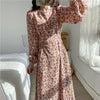 NIJIUDING Women's Spring O-neck Long Sleeve Dresses Floral Printing  Drawstring Lace Up Literary Retro Long Dress Lantem Sleeve