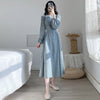 NIJIUDING Women's Spring O-neck Long Sleeve Dresses Floral Printing  Drawstring Lace Up Literary Retro Long Dress Lantem Sleeve