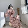 NIJIUDING Women's Spring O-neck Long Sleeve Dresses Floral Printing  Drawstring Lace Up Literary Retro Long Dress Lantem Sleeve