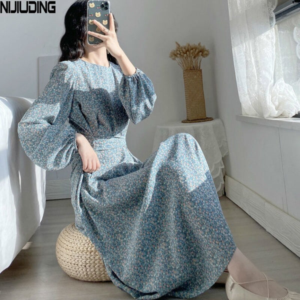 NIJIUDING Women's Spring O-neck Long Sleeve Dresses Floral Printing  Drawstring Lace Up Literary Retro Long Dress Lantem Sleeve