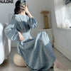 NIJIUDING Women's Spring O-neck Long Sleeve Dresses Floral Printing  Drawstring Lace Up Literary Retro Long Dress Lantem Sleeve