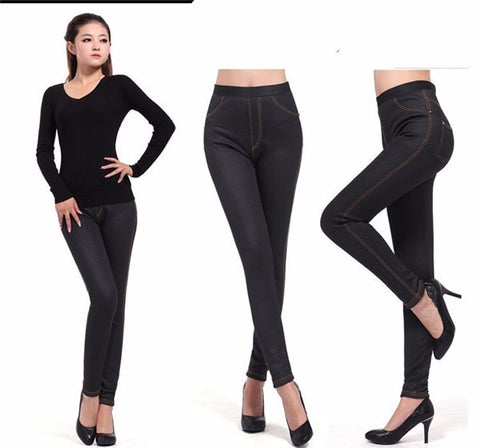 New Women Winter Leggings Faux Denim High Elastic Thicken Fashion Brand Warm Pants With Pocket Plus Size Legging Women