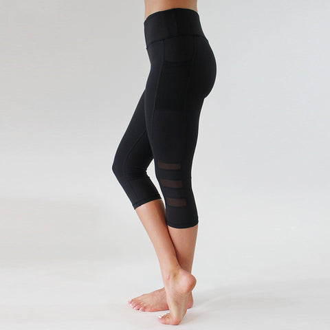 Summer Mesh Patchwork Leggings Women Pocekts Capri Pants Women Fitness Sportswear Leggins Sexy Workout Leggings
