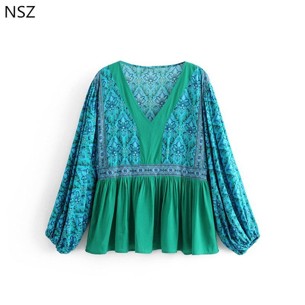 Women Boho Shirt Print Blouse Autumn 2022 New Bohemian Top Cotton Long Sleeve V Neck Loose Casual Ladies Top