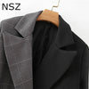 NSZ Women Checked Patchwork Black Oversized Blazer Double Breasted Office Ladies Formal Jacket Fall Coat Outerwear