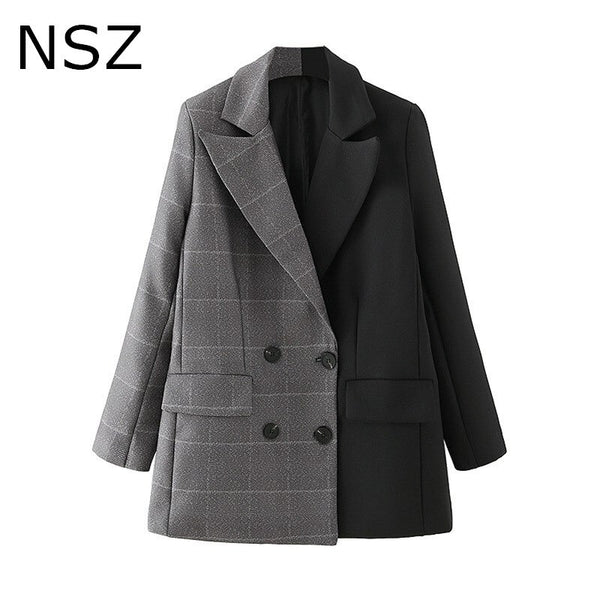 NSZ Women Checked Patchwork Black Oversized Blazer Double Breasted Office Ladies Formal Jacket Fall Coat Outerwear