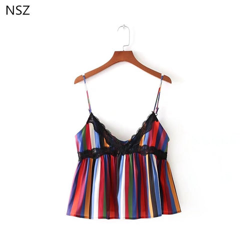 Women Lace Camis Stripped Deep v neck High quality Cropped Sexy Tank top crop top Street Wear Camisas mujer