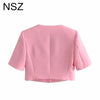 NSZ Women Pink Short Sleeve Summer Blazer Elegant Chic Cropped Top Suit Jacket Ladies Coat Outerwear 2022