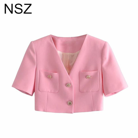 NSZ Women Pink Short Sleeve Summer Blazer Elegant Chic Cropped Top Suit Jacket Ladies Coat Outerwear 2022