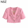 NSZ Women Pink Short Sleeve Summer Blazer Elegant Chic Cropped Top Suit Jacket Ladies Coat Outerwear 2022