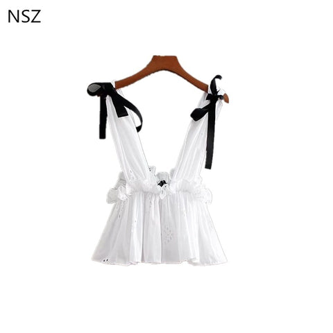 Women Summer Crop Top White Tied Shoulder Cotton Ruffles Halter Tank Top Sexy Backless Camiseta tirantes mujer