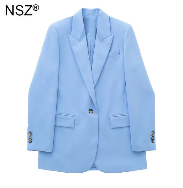 NSZ Women's Sky Blue Oversize Blazer Suit Jacket Singe Button Office Lady Elegant Chic Large Size Work Business Coat Spring
